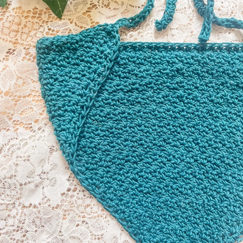 Handmade Cottagecore Teal Blue Crochet Bandana Hair Kerchief